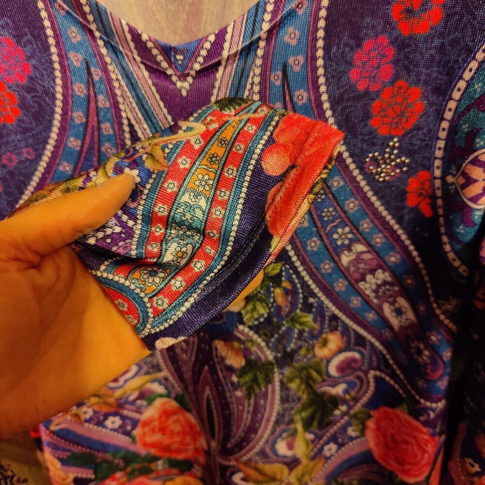Dudalina Women's Tunic Blouse Stretch 70s Style Roses Shimmer 3/4 Sleeve M/L - Picture 8 of 10